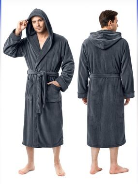 NY Threads Men’s L/XL Plush Fleece Hooded Bathrobe Charcoal Gray Belted Robe